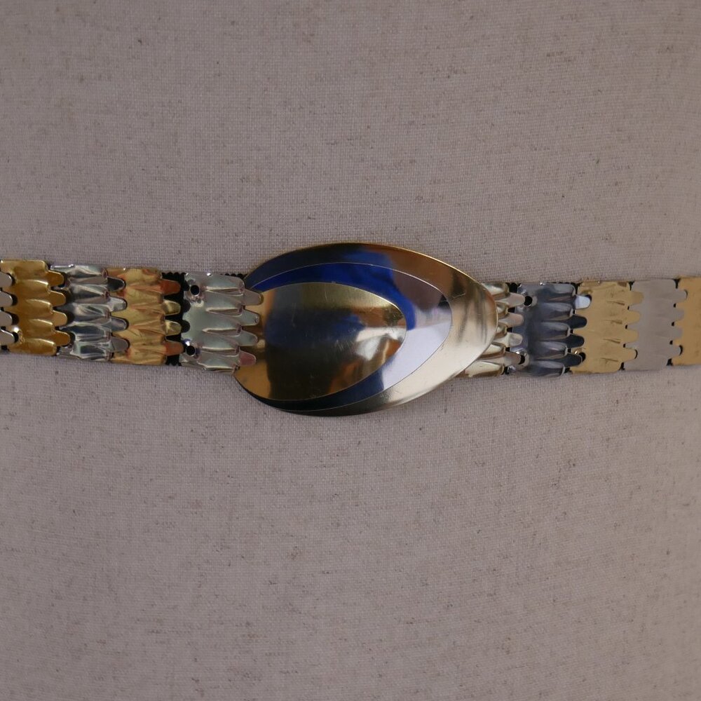 Vintage 80s  1"‎ Metallic Snake Scale Silver Gold Tone Waist Belt Womens S/M